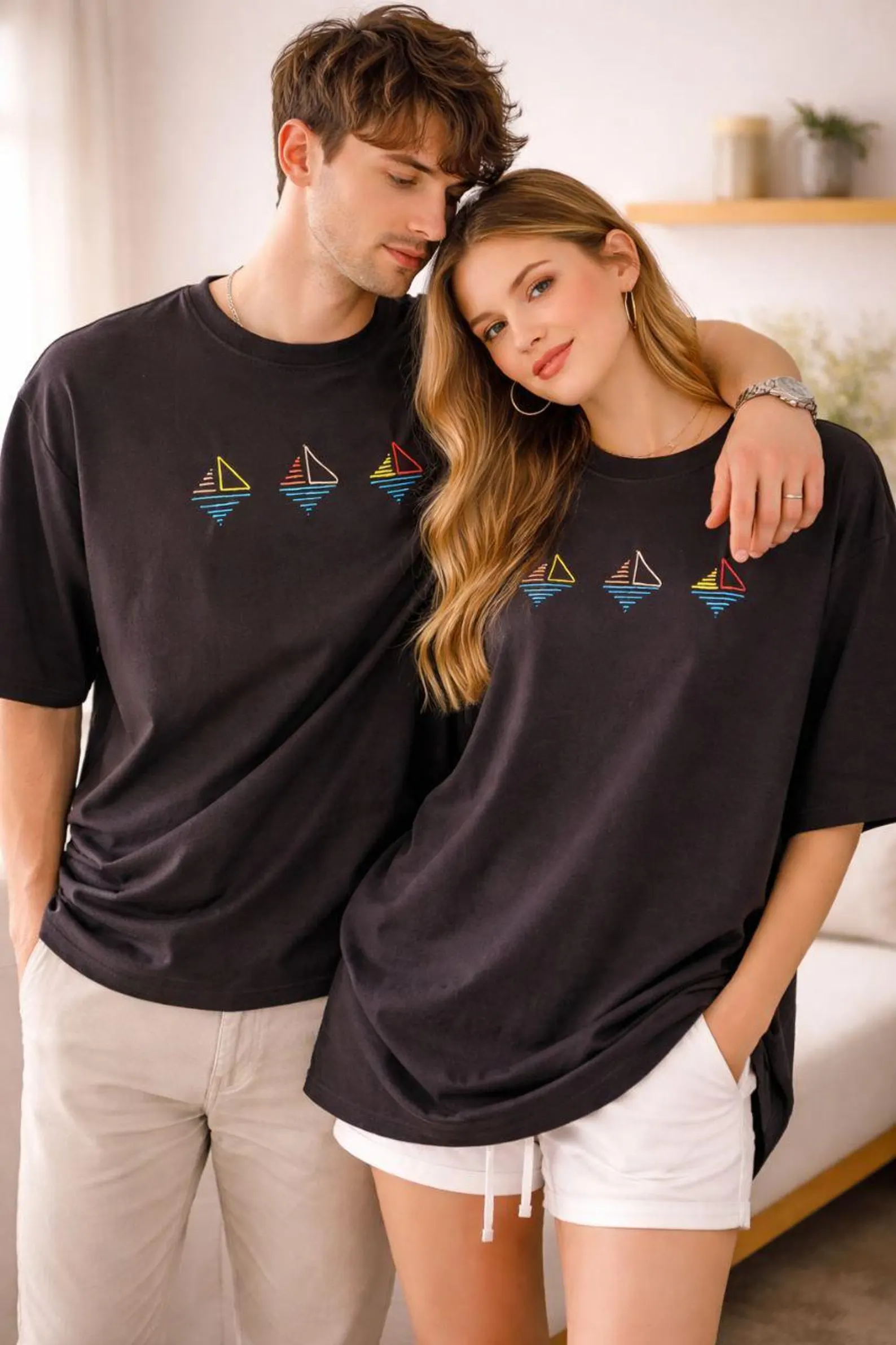 Hand Embroidered Sailboat Oversized T-Shirt | Minimal Ocean Art Tee | Unisex Streetwear | Travel Inspired Clothing | Drop Shoulder Tee